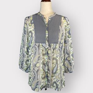 Liz Claiborne Top Women PL Green Paisley Sheer 3/4 Sleeve Button-Front C34‎